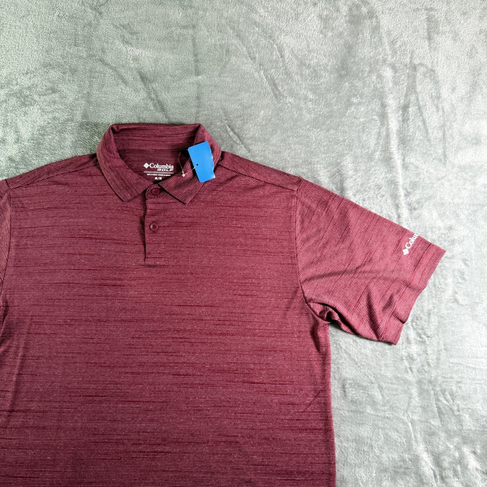 Columbia Golf Polo Shirt Mens Medium Burgundy Striped Short Sleeve